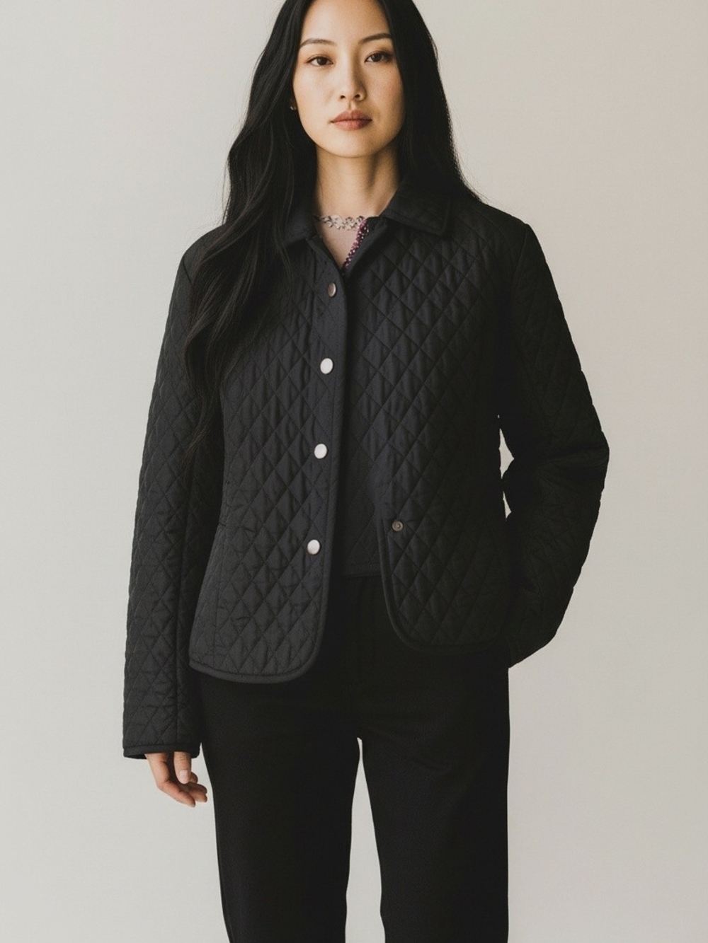 Diamond-Quilted Snap-Front Utility Jacket - Black